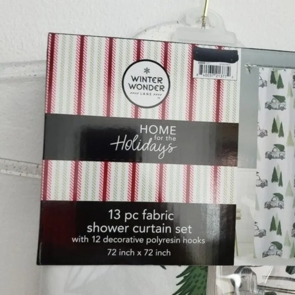 Chirstmas Holiday White & Green Jolly Truck 13-Piece Shower Curtain Set